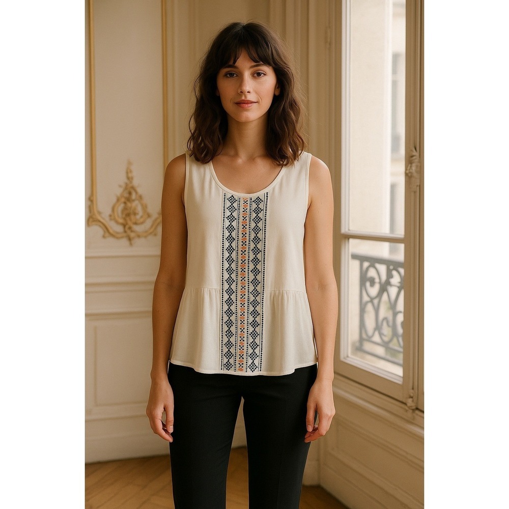 Lattitude Sleeveless‎ Tank Top Cream Geometric Embroidered Peplum Casual Blouse